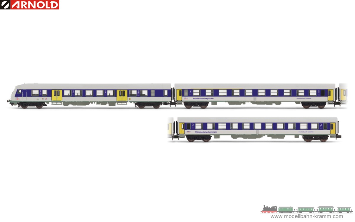 Arnold 4368, EAN 5055286684005: MRB, 3-unit pack regional coaches, Bybdzf+Bom+Bom, silver blue liv