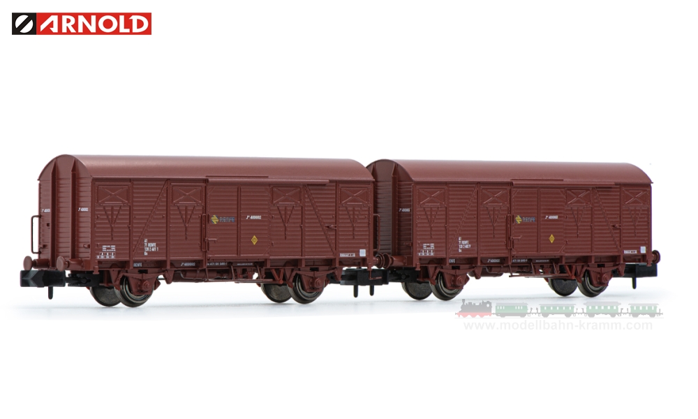 Arnold 6520, EAN 5055286684364: RENFE, 2-unit pack 2-axle closed wagon J2, wooden version, brown l