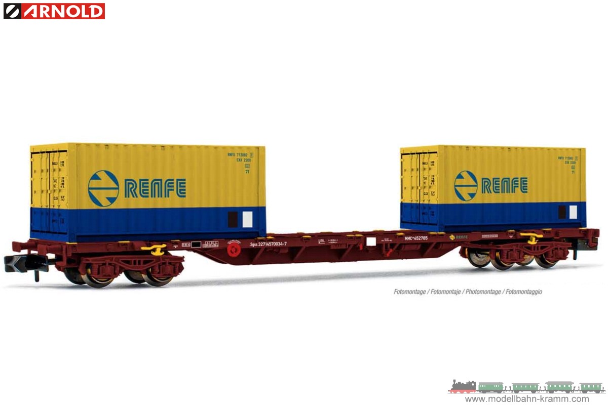 Arnold 6544, EAN 5055286684562: RENFE, 4-axle 60´ container wagon MMC brown livery, loaded with 2