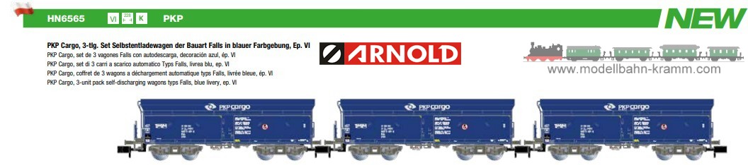 Arnold 6565, EAN 5063129027261: N PKP Cargo, 3tlg. Selbstentladewagen . VI