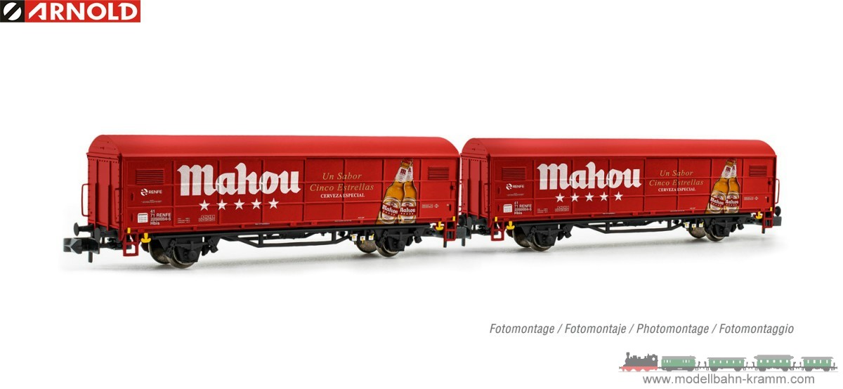 Arnold 6579, EAN 5055286702211: N Set gedeckte Güterwagen Mahou 2-teilig RENFE