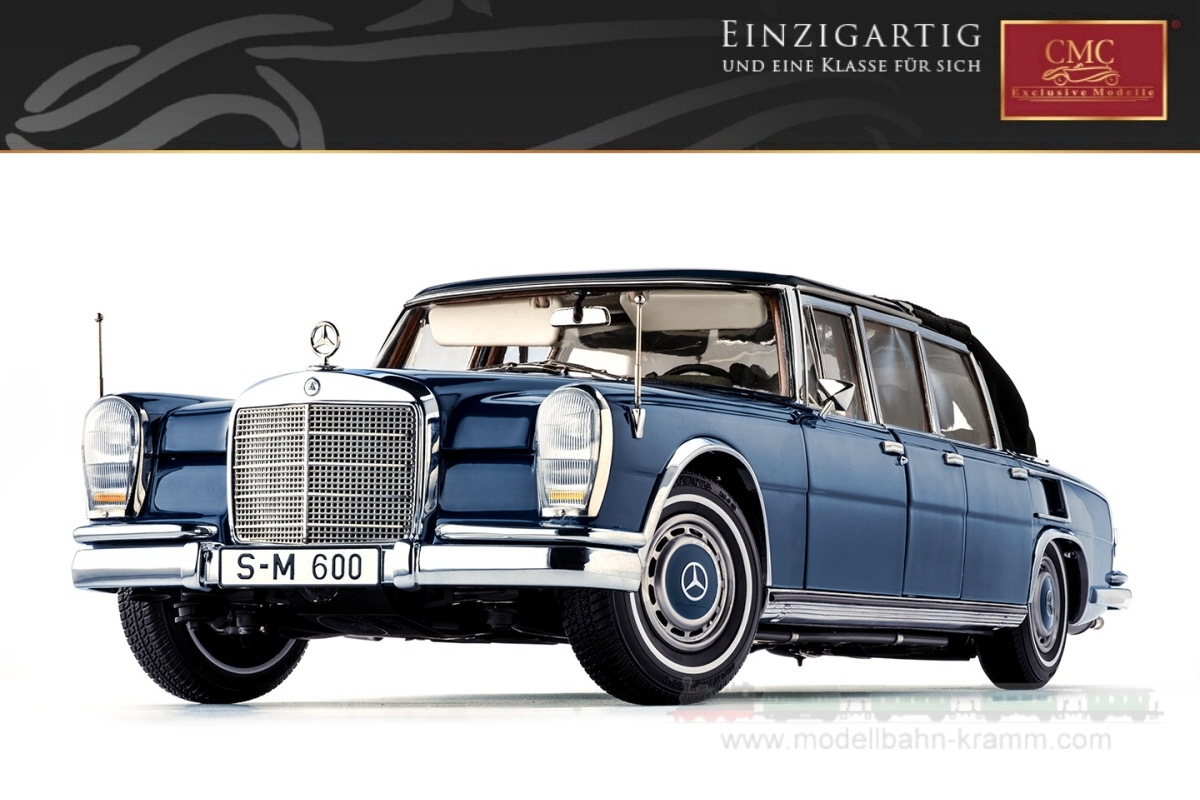 CMC M.205, EAN 2000075049612: 1:18 Mercedes-Benz 600 Pullman W100 Landaulet 1965-81, blaumetallic mit funktionellem Verdeck