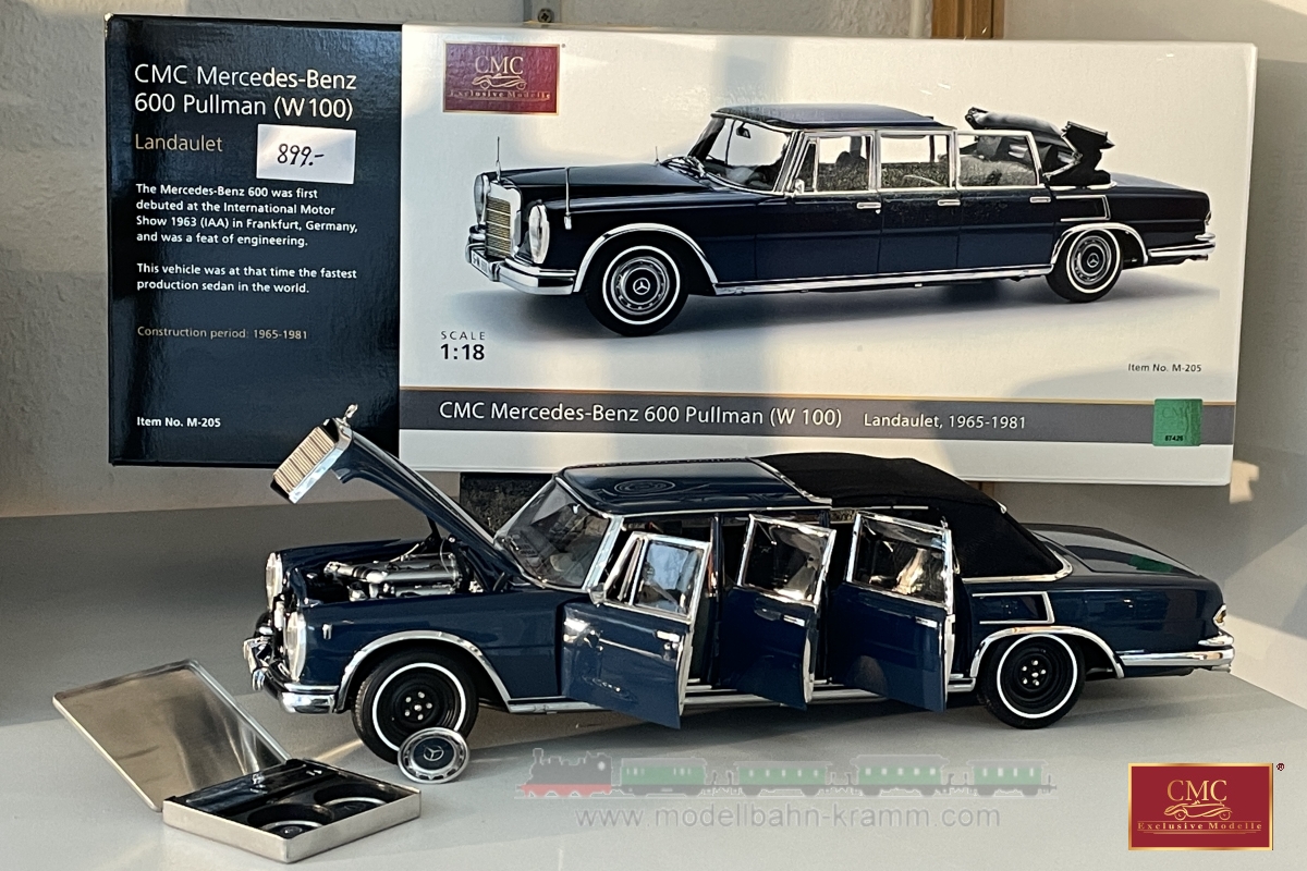 CMC M.205, EAN 2000075049612: 1:18 Mercedes-Benz 600 Pullman W100 Landaulet 1965-81, blaumetallic mit funktionellem Verdeck