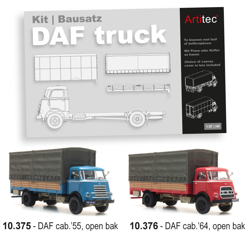 Artitec 10.376, EAN 8719214089474: H0 DAF LKW 1964 Pritsche/Koffer, Bausatz