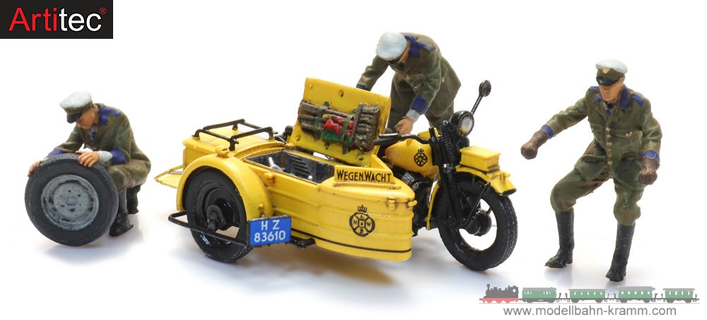 Artitec 10.398, EAN 8720168702333: H0 ANWB Pannenhilfe Motorrad Beiwagen mit Figuren Bausatz