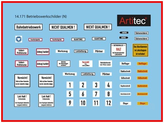 Artitec 14.171, EAN 8719214085438: N Betriebswerkschilder, Ep. III-IV, Schiebebilder/Decal, Bausatz