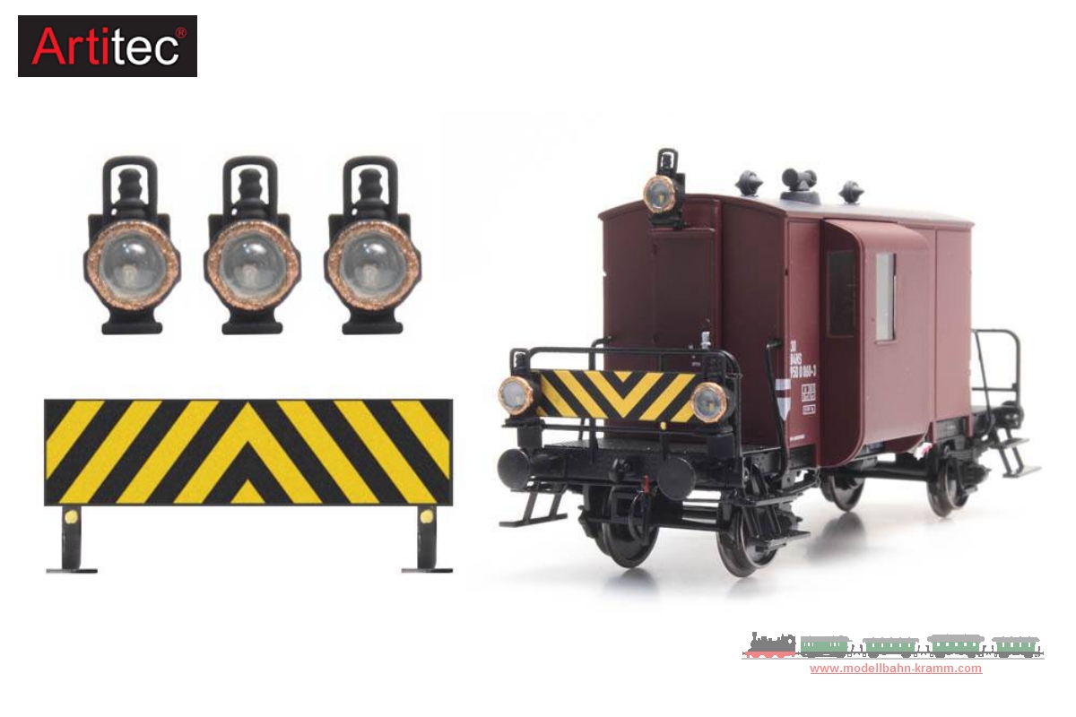 Artitec 28.115, EAN 8719214085537: H0 Warntafel + 3 Öllampe für Güterzugbegleitwagen Bausatz