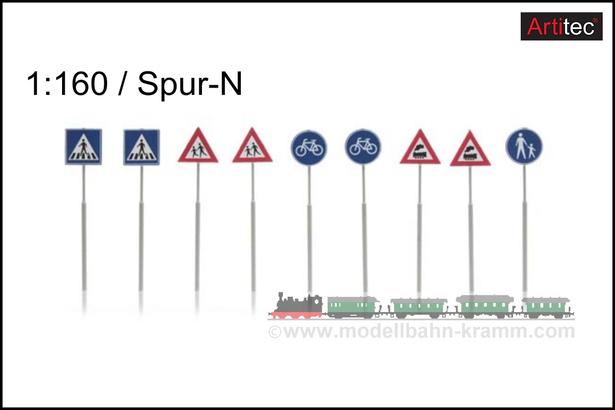 Artitec 316.033, EAN 8718719416990: N Verkehrsschilder: Fußgänger, Fahrrad, Zug 9-Stück Fertigmodell