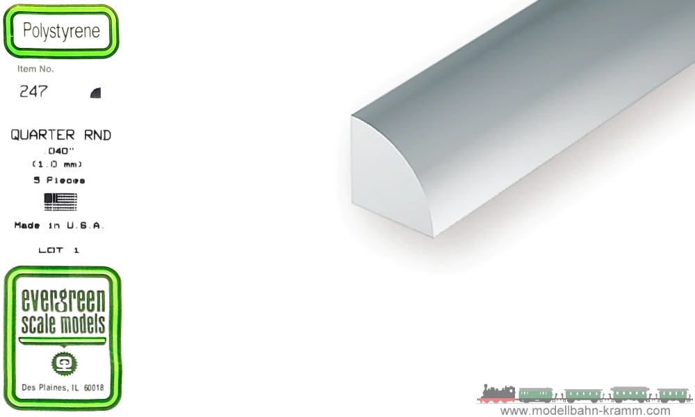Evergreen 500247, EAN 787026002477: 5 Viertelrundstangen 350mm x DM 1,00mm