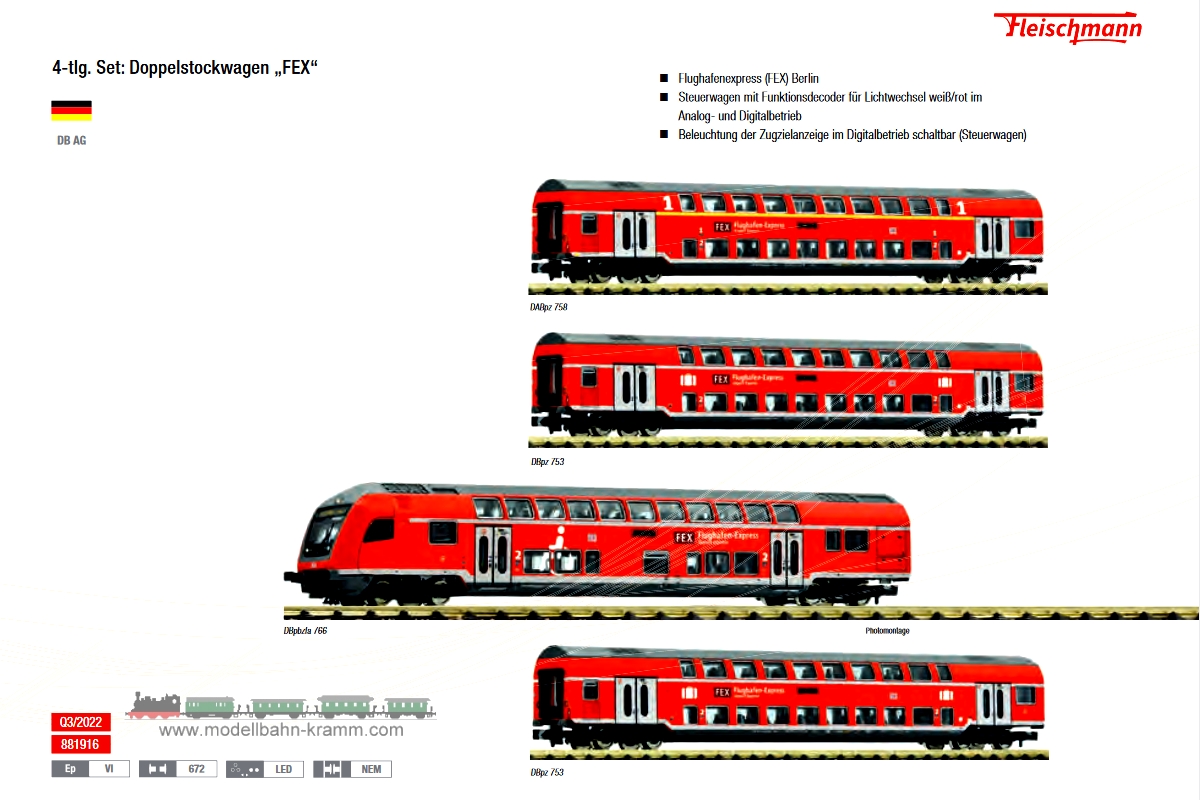 Fleischmann 881916, EAN 4005575258104: N 4-tlg. Set: Doppelstockwagen FEX DB AG