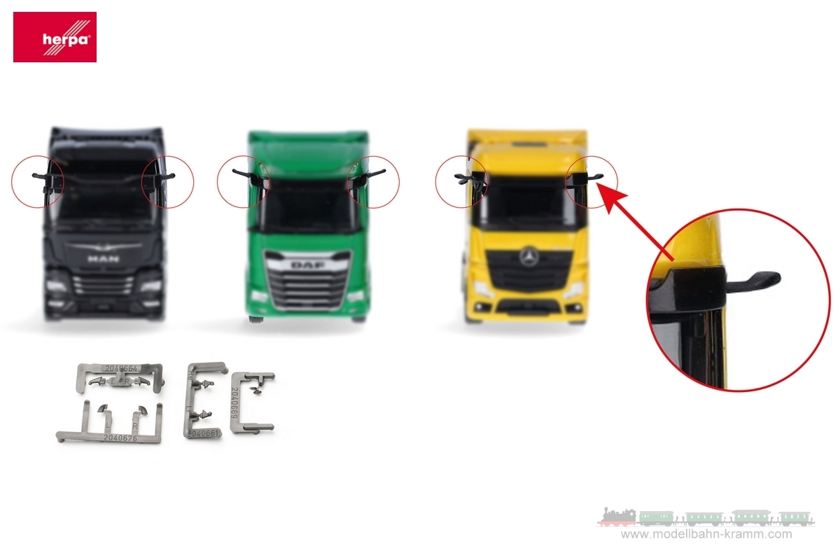 Herpa 054447, EAN 2000075618559: Zubehör: LKW Spiegelkameras MB Actros L, MAN TGX, DAF XG/XG+, je 5x