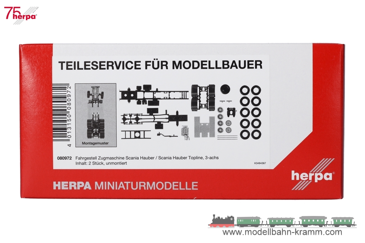 Herpa 080972, EAN 4013150080972: 1:87 Teileservice Fahrgestell Zugmaschine 3achs Scania Hauber, ab 1996 (2 Stück)