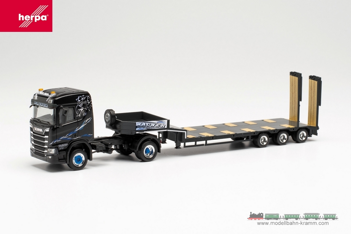 Herpa 315128, EAN 4013150315128: 1:87 Scania CR ND 4x4 Tieflade-Sattlezug „Wagner Mitteleschenbach“ (Bayern/Mitteleschenbach)