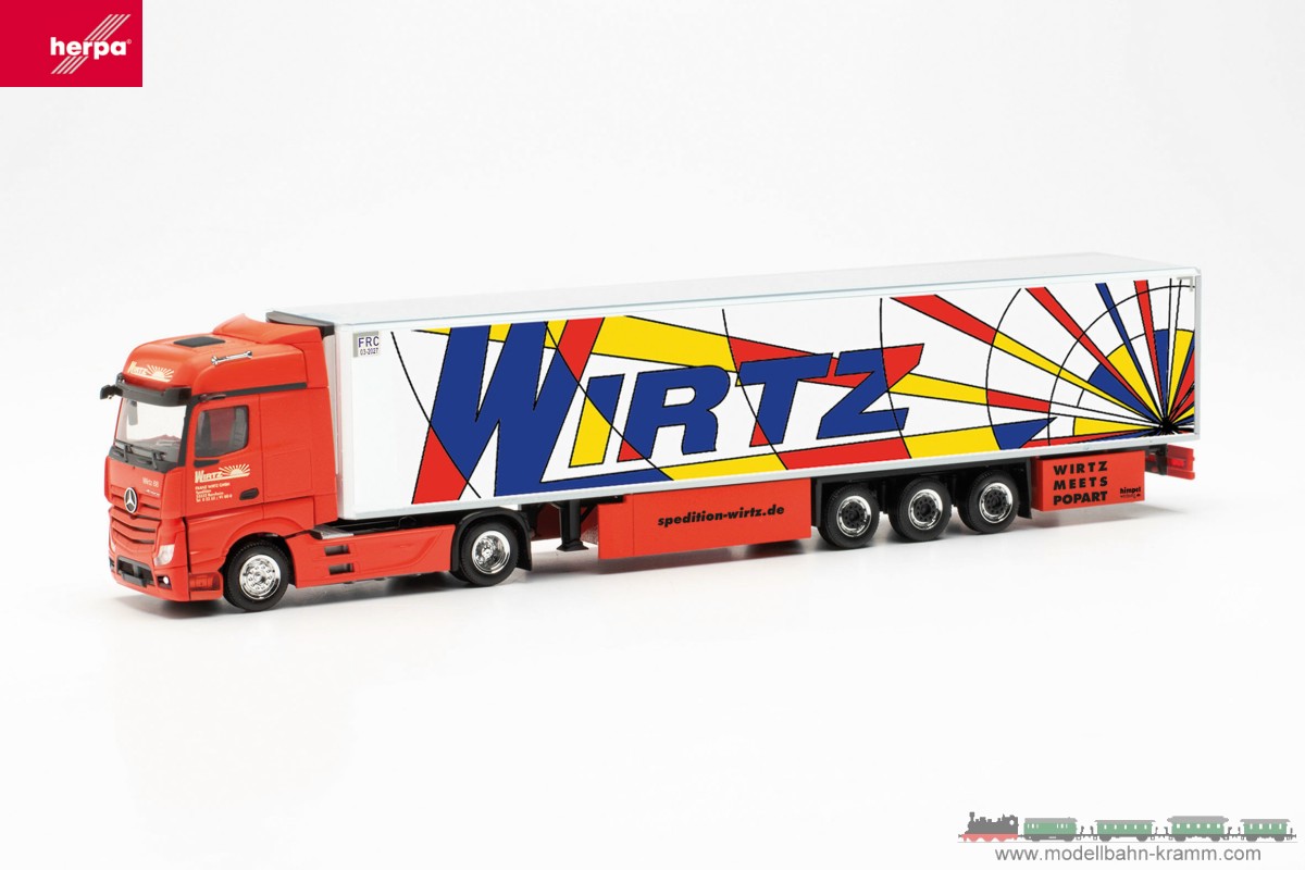 Herpa 315593, EAN 4013150315593: H0/1:87 Mercedes-Benz Actros `18 Bigspace 15 Meter Kühlkoffer-Sattelzug „Wirtz Popart“ (Nordrhein-Westfalen/Bornheim)