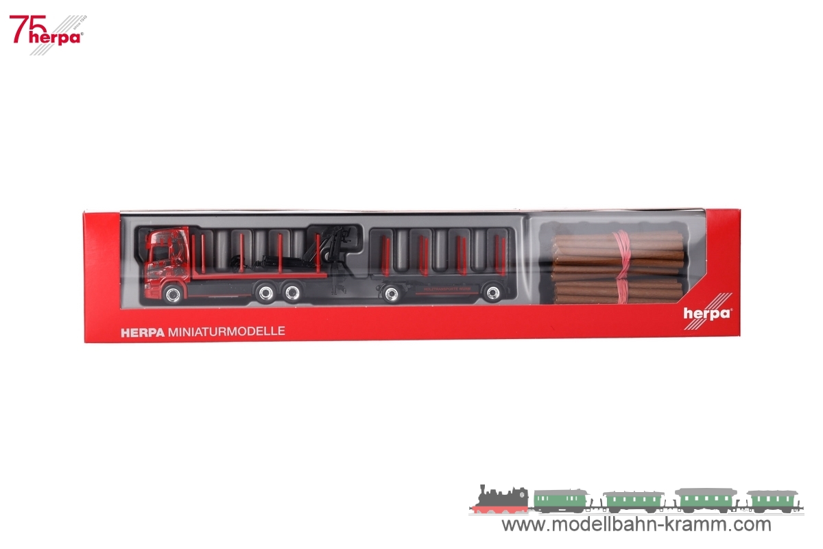 Herpa 317443, EAN 2000075618917: Scania CR 20 HD Holztransporter-Hängerzug Wurm Transporte (mit Ladung)