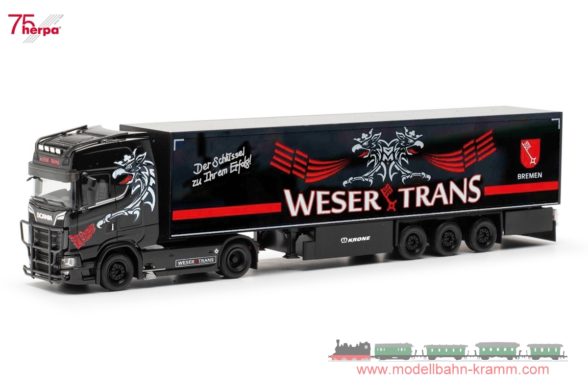 Herpa 317665, EAN 4013150317665: 1:87 Scania CS20 HD Kühlkoffer-Sattelzug Weser-Trans Bremen (Bremen)