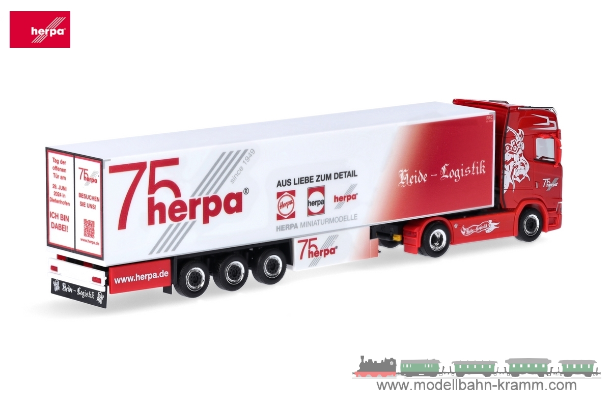 Herpa 317733, EAN 2000075619044: Scania CS 20 HD Kühlkoffer-Sattelzug Heide-Logistik/75 Jahre Herpa