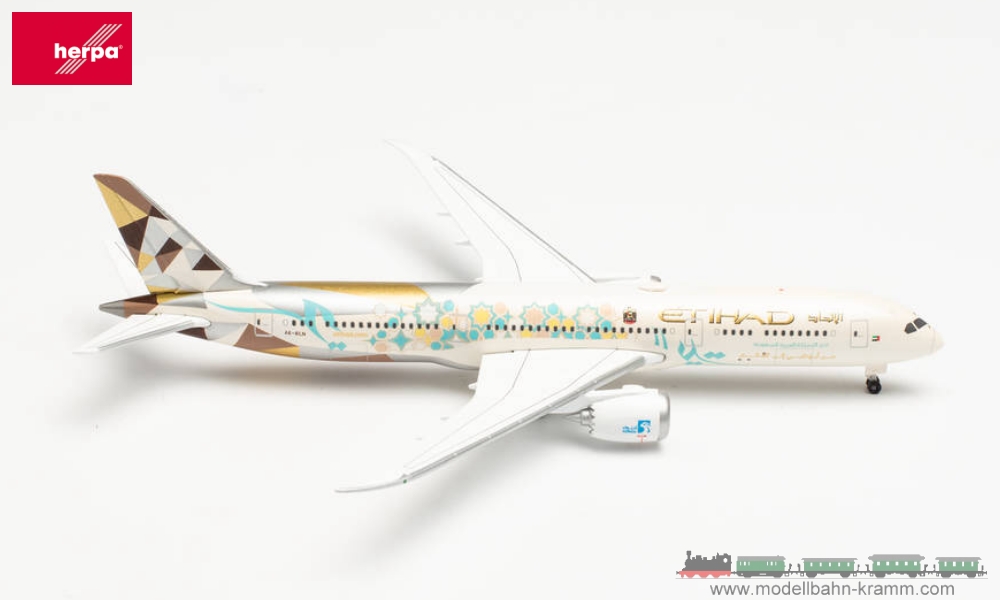 Herpa 535748, EAN 4013150535748: 1:500 Etihad Airways Boeing 787-9 Dreamliner “Choose Saudi Arabia” – A6-BLN