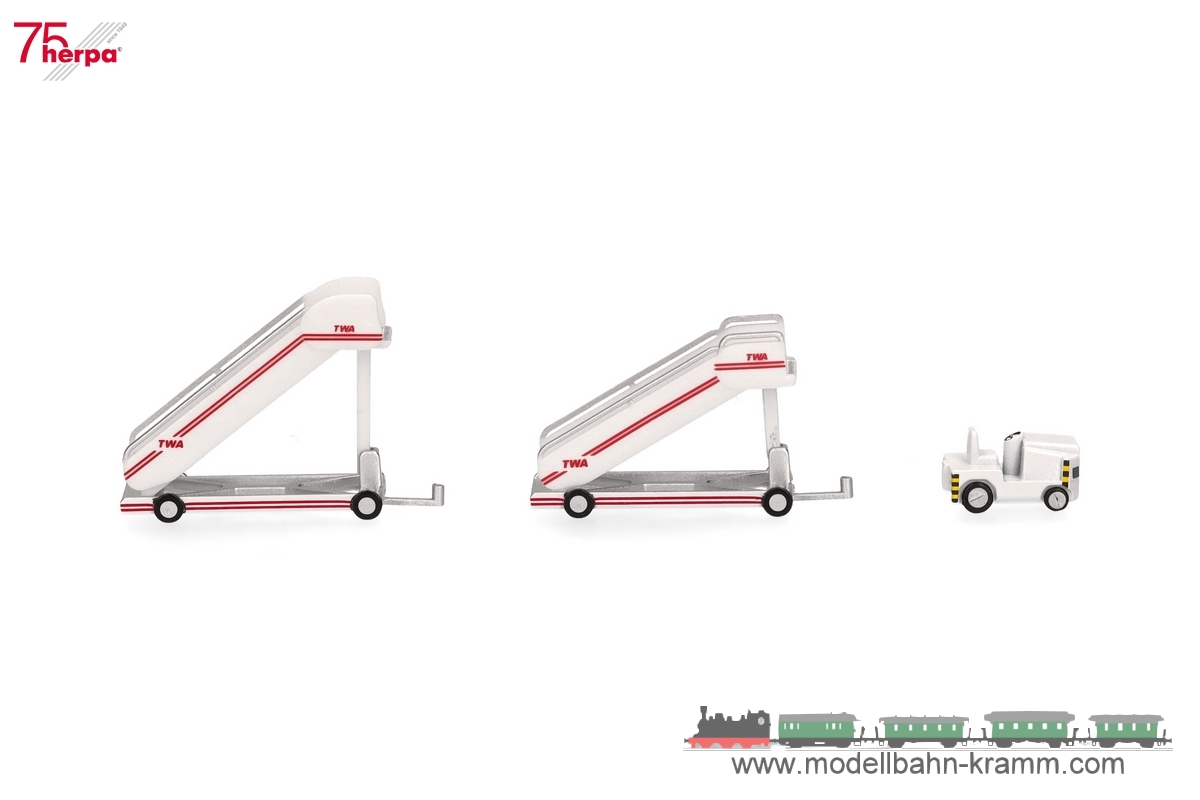 Herpa 573122, EAN 2000075619464: TWA historic passenger stairs (2) with Tractor (1)