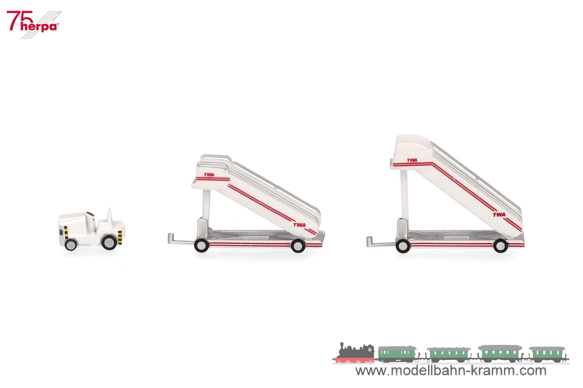 Herpa 573122, EAN 2000075619464: TWA historic passenger stairs (2) with Tractor (1)