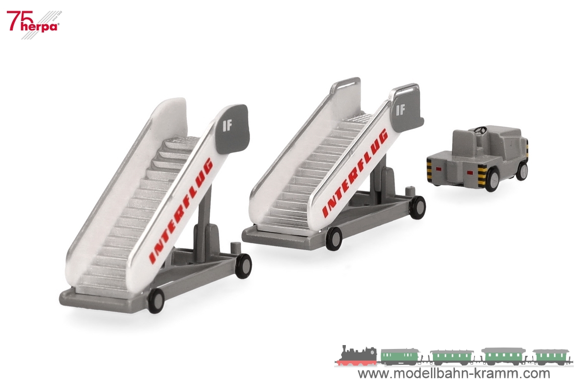 Herpa 573153, EAN 2000075619471: Interflug historic passenger stairs (2) with Tractor (1)