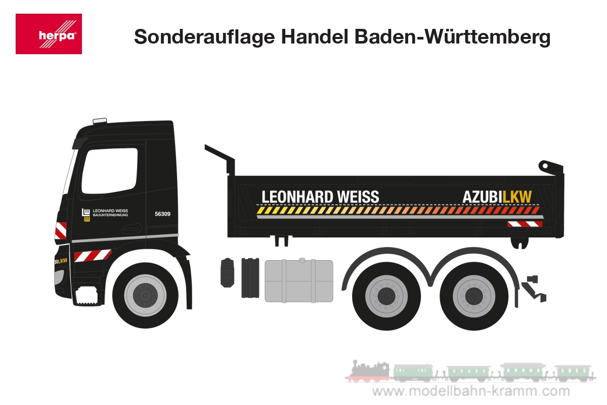 Herpa 952408, EAN 2000075618344: Mercedes-Benz Arocs Kipper 3achs Leonhard Weiss/Ausbildung
