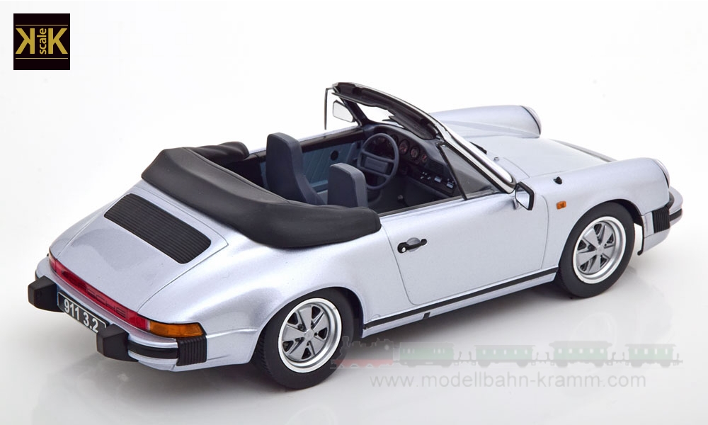 KK-Scale 180712, EAN 4260699761255: 1:18 Porsche 911 3.2 Cabrio 1988 (250.000 Porsche 911) silbergrau (mit abnehmbarem Softtop)