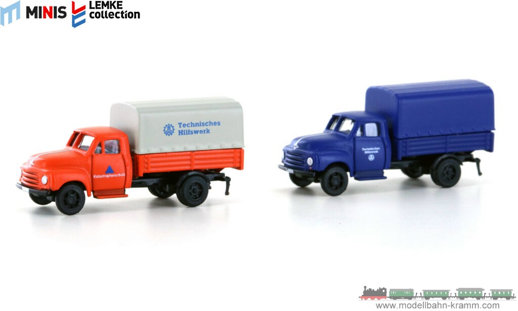 Lemke-Collection MiNis 3235, EAN 4250528622710: N 2er Set Opel Blitz Pritsche/Plane THW+Katastrophenschutz
