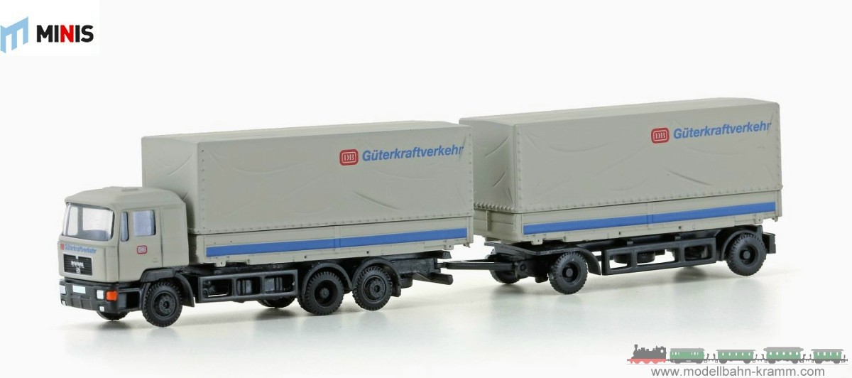 Lemke-Collection MiNis 4634, EAN 4250528622536: N MAN F90, 3-achs Wechselpritschen-Hängerzug DB Güterkraftverkehr