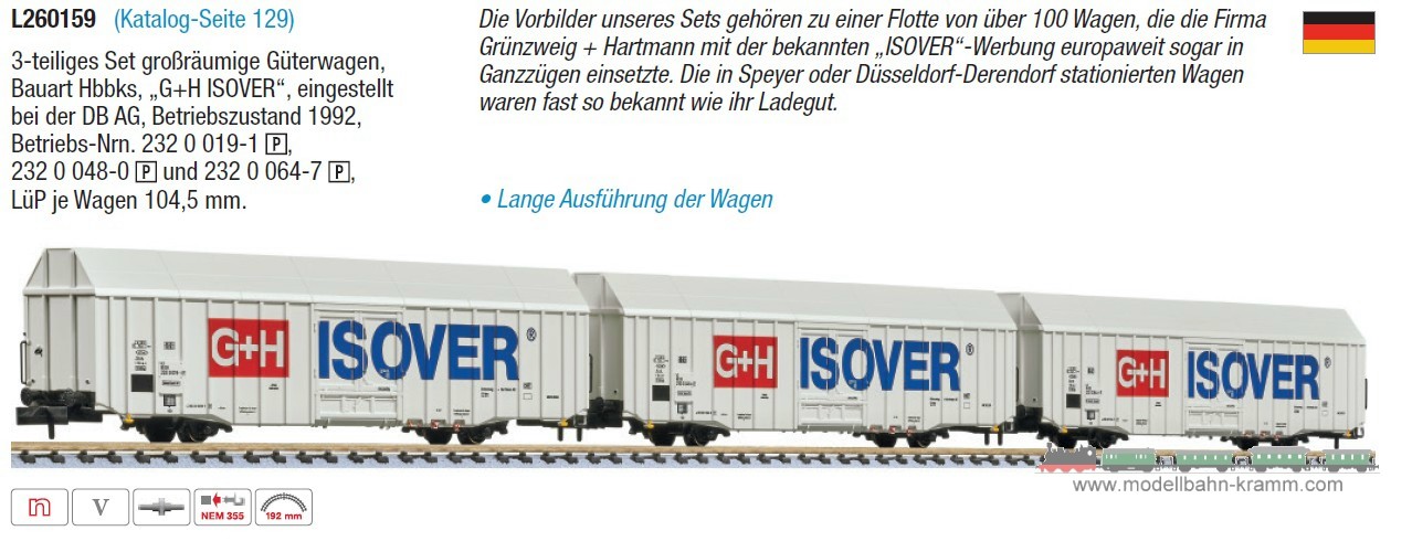 Liliput 260159, EAN 5026368601593: N 3er Set Großraumgüterwagen Isover DB AG
