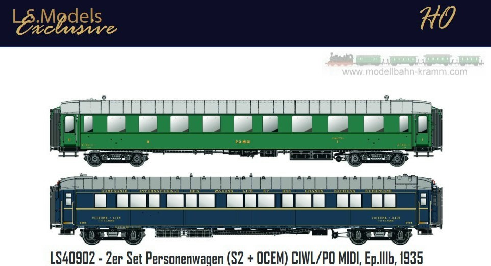 L.S. Models 40902, EAN 2000075298959: H0 2er Personenwagenset CIWL/PO MIDI
