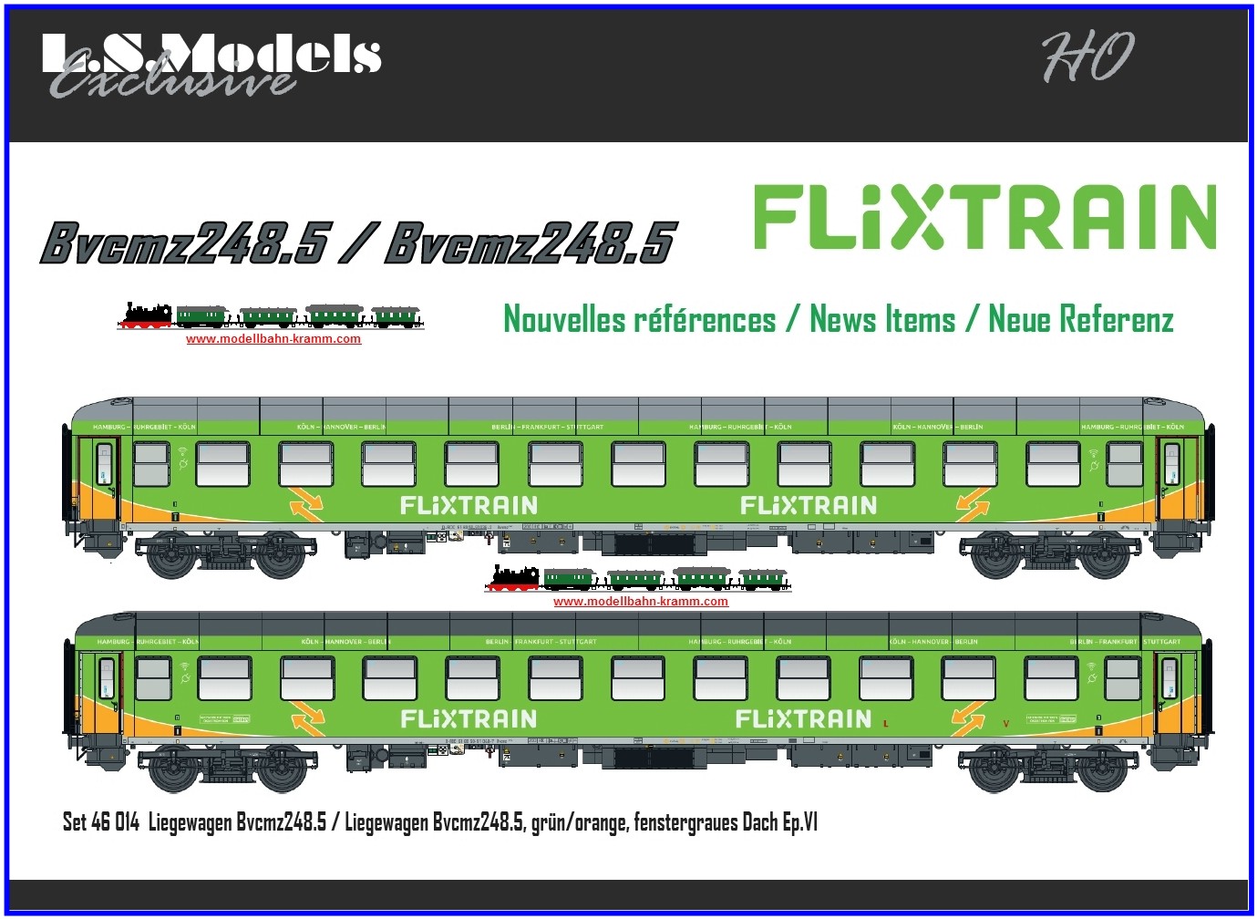 L.S. Models 46014, EAN 2000075198679: Liegewagenset Flixtrain, Hamburg - Köln, 2-teilig, Epoche VI, H0-Spur