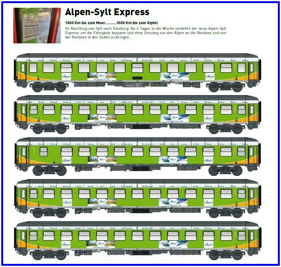 L.S. Models 46034AC, EAN 4250528618652: H0 AC Alpen-Sylt-Express, 5-teilig, 4x Bvcmt 248.5, 1x Bvcmbz 249.1, Epoche VI