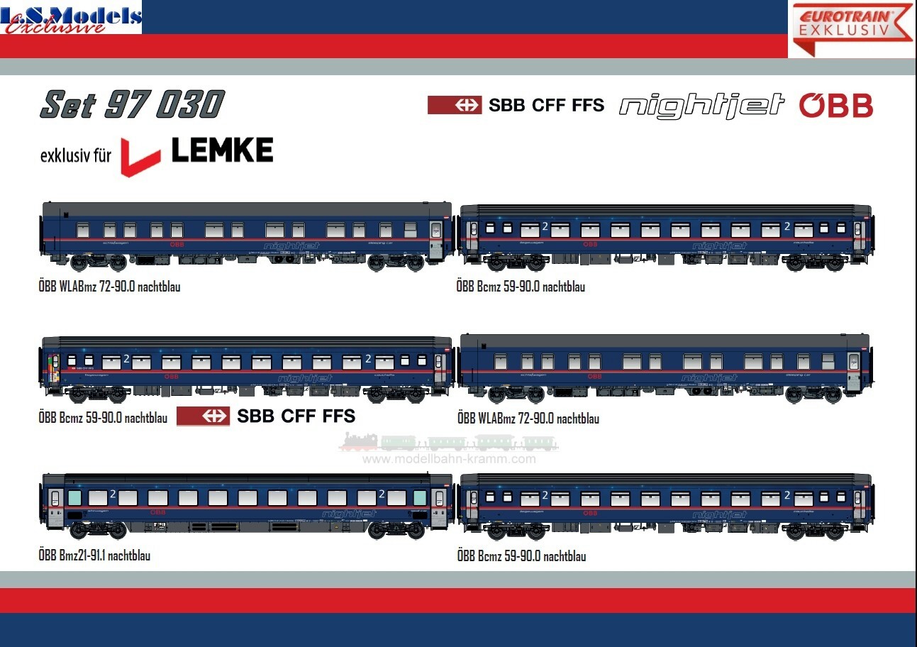 L.S. Models 97030AC, EAN 4250528619703: H0 AC Nightjet Personenwagen-Set 6-teilig ÖBB SBB