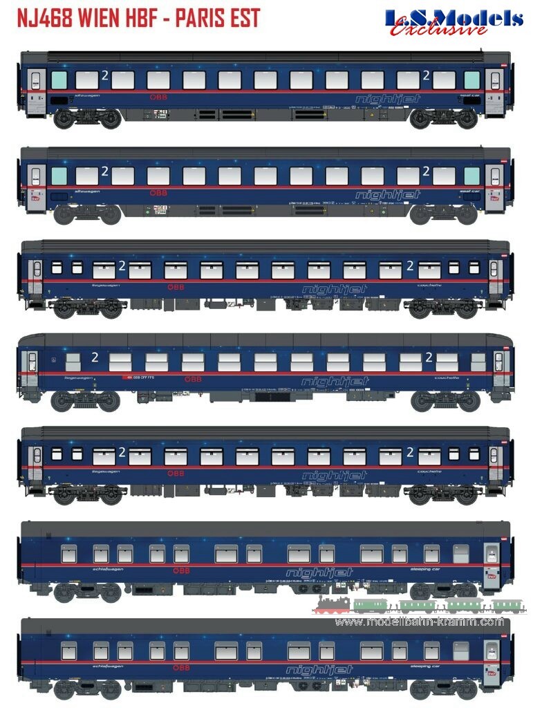 ls-models.com@ Modellbahn-Kramm: L.S. Models MW2201AC H0 AC 7er Set Nachtzugwagen ÖBB  Nightjet, only €684,95