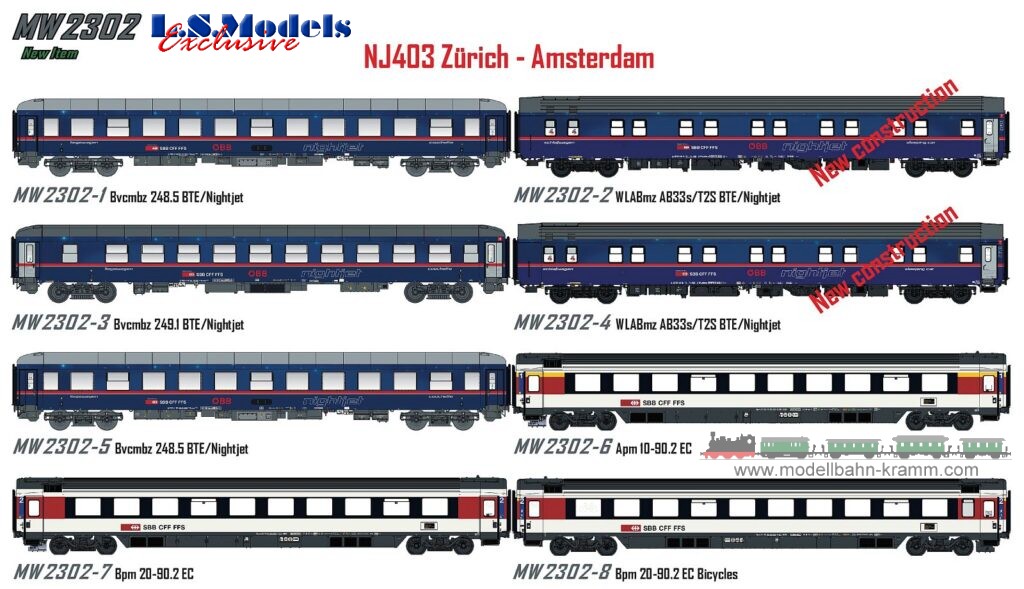 L.S. Models MW2302, EAN 2000075527950: H0 DC, 8er Set Nachtzugwagen ÖBB Nightjet