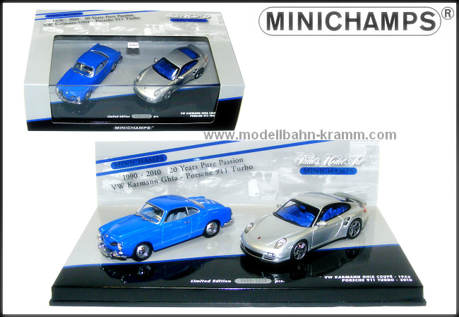 MiniChamps 402902010, EAN 4012138104419: 1:43 DOUBLE SET PORSCHE 911 TURBO (997) – 2010 SILVER / VW KARMANN GHIA COUPE – 1955 BLUE – ’20 YEARS MC L.E. 2028 pcs.