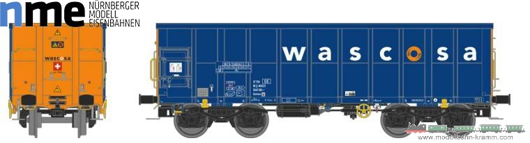 NME Nürnberger Modell-Eisenbahn 543675, EAN 4251921805236: H0 AC Offener  Güterwagen. Eamnos 57m³ WASCOSA, blau/orange, geänd. Wag.nr. VI