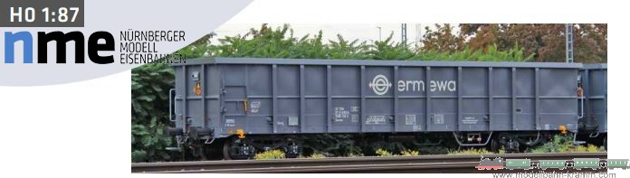 NME Nürnberger Modell-Eisenbahn 555604, EAN 4251921804468: H0 DC Hochbordwagen Eanos 15,74m ERMEWA, dunkelgrau, geänd. Wag.nr. VI