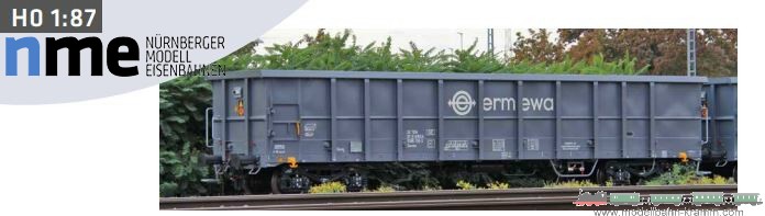 NME Nürnberger Modell-Eisenbahn 555651, EAN 4251921804499: H0 AC Hochbordwagen Eanos 15,74m ERMEWA, dunkelgrau, geänd. Wag.nr. VI