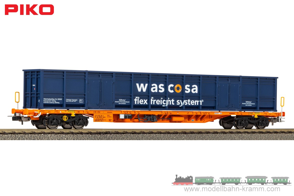 Piko 24566, EAN 4015615245667: H0 DC Containertragwagen Sgnns CH-Wascosa blauer Container VI