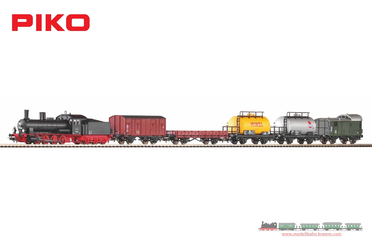 Piko 57123, EAN 4015615571230: H0 DC Start-Set mit Bettung Güterzug Dampflok G7 mit 5 Güterwagen DB