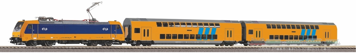 Piko 97939, EAN 4015615979395: H0 DC analog Start-Set mit Bettung Personenzug E-Lok und 2 Doppelstockwagen NS V