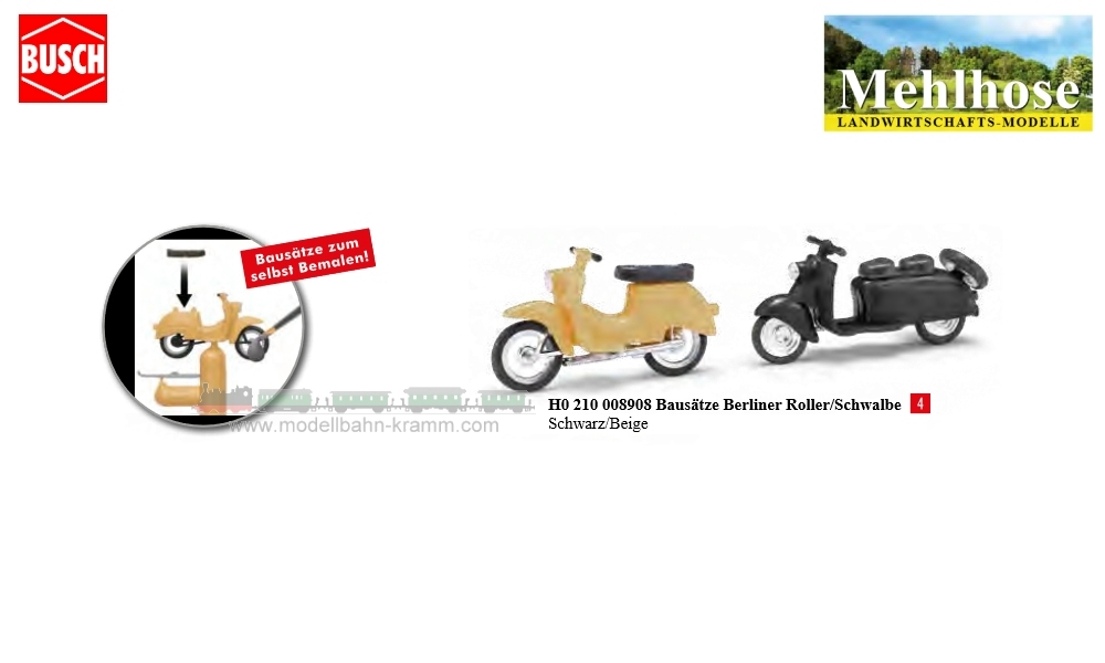 Busch-Automodelle 210008908, EAN 4260458431658: H0/1:87 1x Roller beige, 1x Schwalbe schwarz