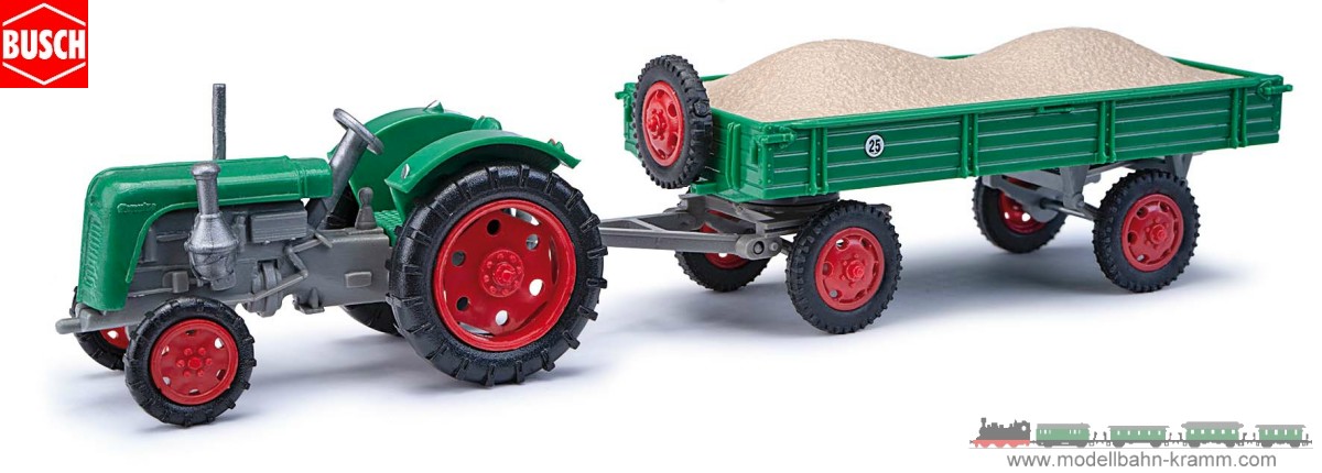 Busch-Automodelle 210110112, EAN 4260458432129: 1:87 Traktor Famulus mit Anhänger und Kiesladung, Grün