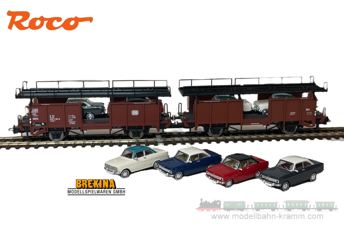Roco 6600047.SET, EAN 2000075566263: H0 Autotransportwagen mit 8 Opel Modellen, DB