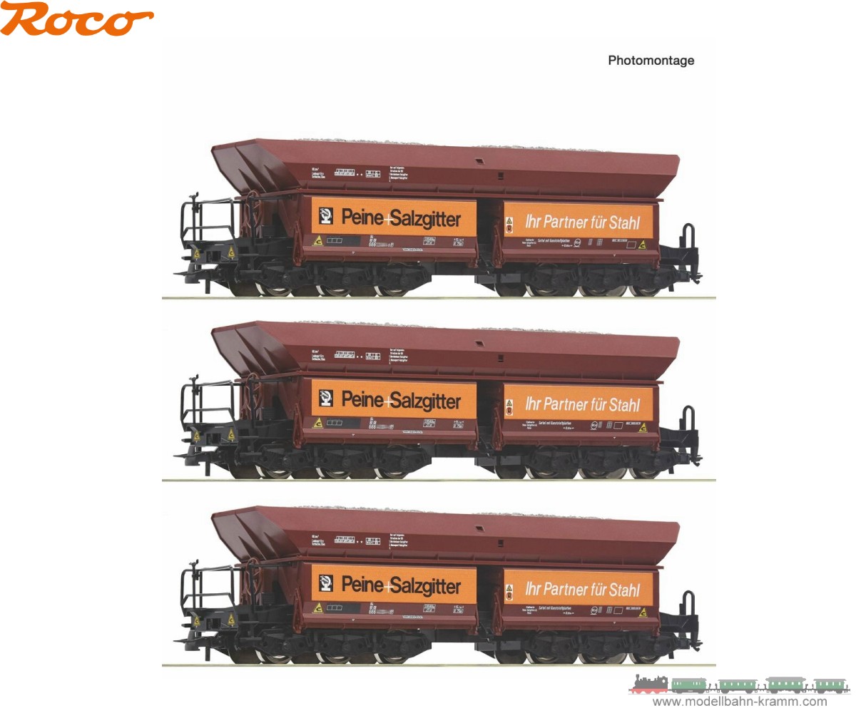Roco 6600213, EAN 9005033077365: H0 DC 3er Set Selbstentladewagen Peine Salzgitter DB