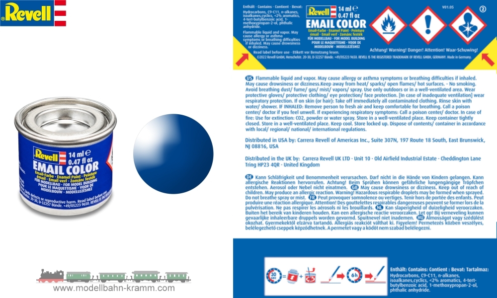 Revell 32152, EAN 42022893: Blau RAL 5005, glänzend deckend, Farbdose 14 ml