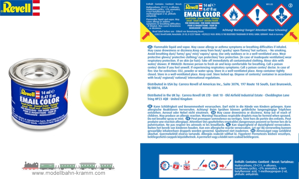 Revell 32312, EAN 42023272: Leuchtgelb RAL 1026, seidenmatt deckend, Farbdose 14 ml