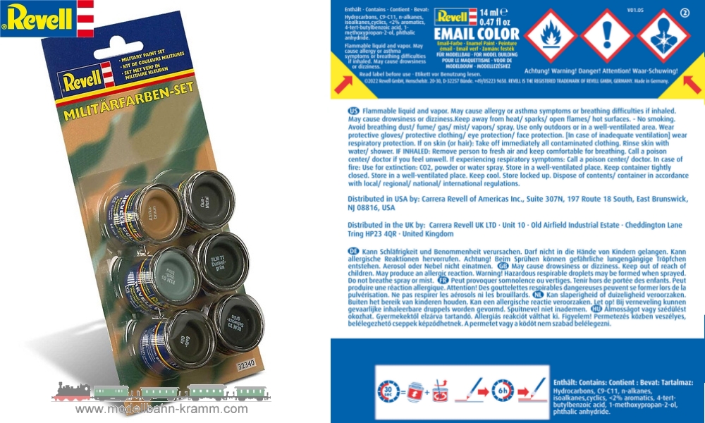 Revell 32340, EAN 4009803323404: Militär-Farben-Set 1, Inhalt: 6x Farbdose 14 ml, in Afrikabraun, Hellblau, Gelboliv, Gun Metal, Dunkelgrün und Schwarzgrün